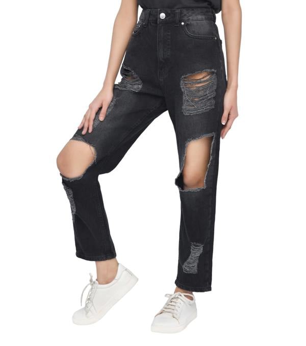 Smart Living Women's High-Waist Multi-Rip Mom Jeans - Black