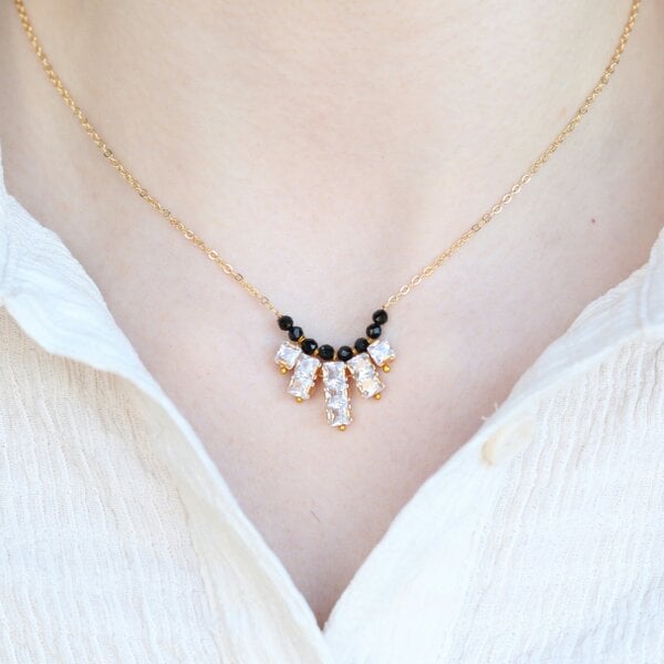 The Colourful Aura Indian Nazarian Gold Mangalsutra Black Bead Zircon Fan Pendant Necklace