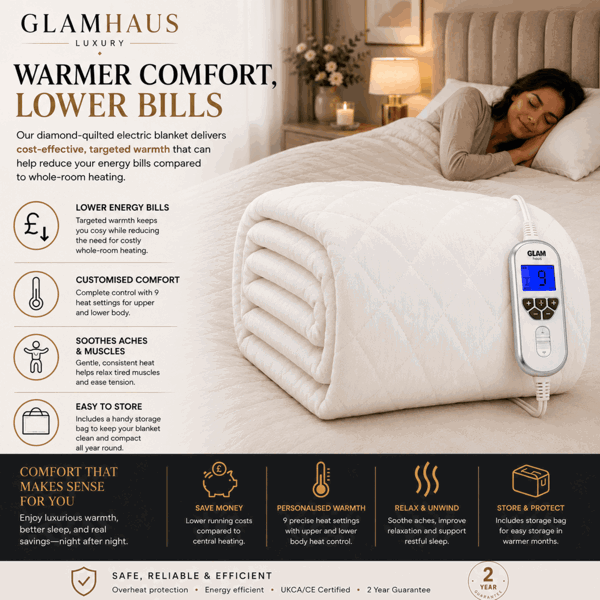 GlamHaus Single Size Electric Blanket - Fitted Mattress Bed Cover - White Diamond Quilted - Settings for Feet and Body, Timer