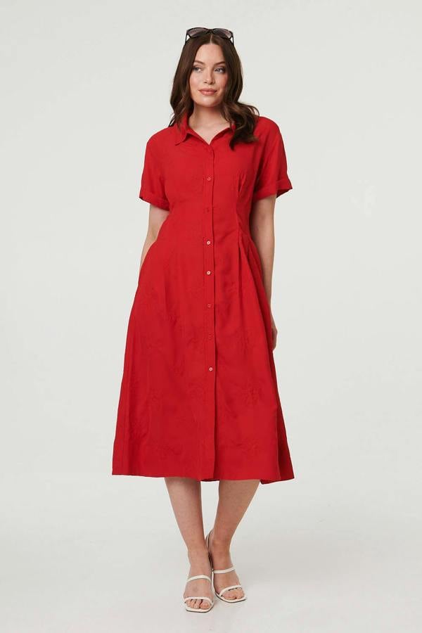 Red | Short Sleeve Flared Midi Shirt Dress
