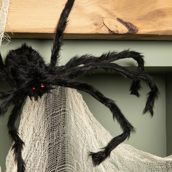 Samuel Alexander 90cm Black Furry Halloween Spider Decoration with Extendable Legs and Red Eyes