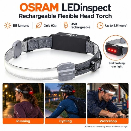 OSRAM Rechargeable Running Head Torch LED Headlamp White Front Red Rear 115lm