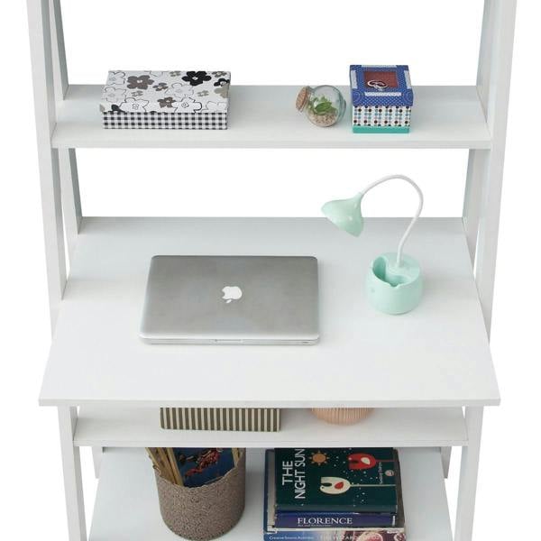Timber Art Design Riva Ladder Bookcase with 5 Tier Shelves & Overhanging Desk Shelf