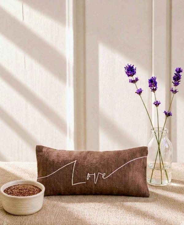 Love Embroidered Linen and Lavender Eye Pillow - Brown - Lavender