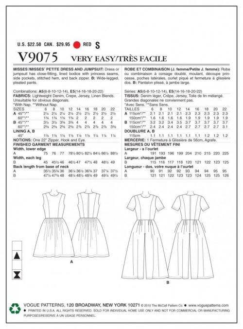 Vogue Sewing Pattern 9075, Dresses, Jumpsuits for Women, 6-8-10-12-14 - Easy
