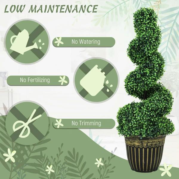 Set of 2 artificial green spiral topiary boxwood trees in ribbed black planters