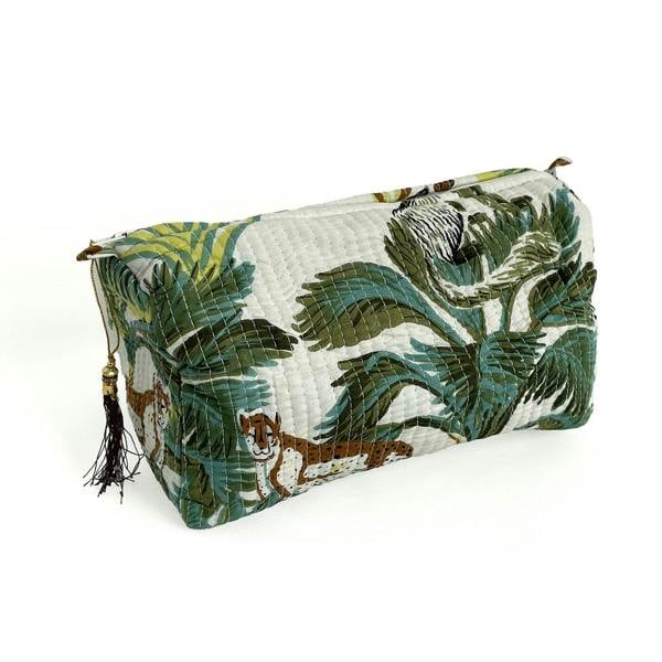 Hayley & Co Wild Animal Print Cotton Washbag, Make Up Bag, Pencil Case with Waterproof Lining - Wild Animal Print in White