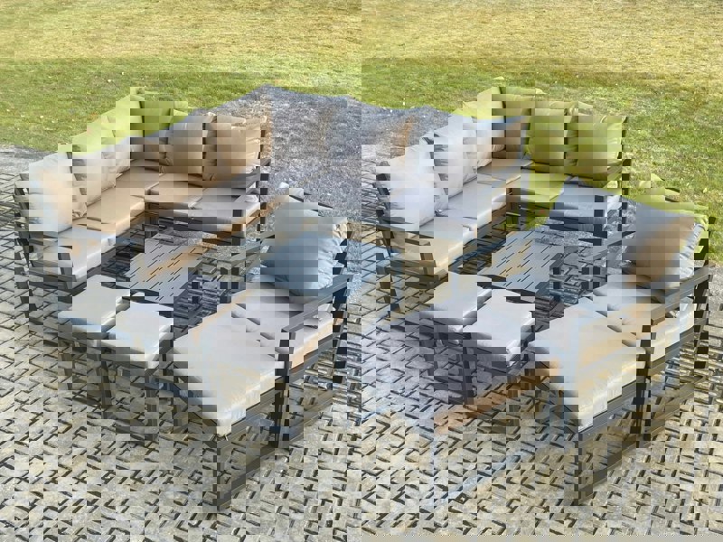 Fimous Outdoor Garden Furniture Set Aluminium Lounge Sofa Square Coffee Table Sets with Chair 3 Footstools Indoor Conservatory Set Dark Grey