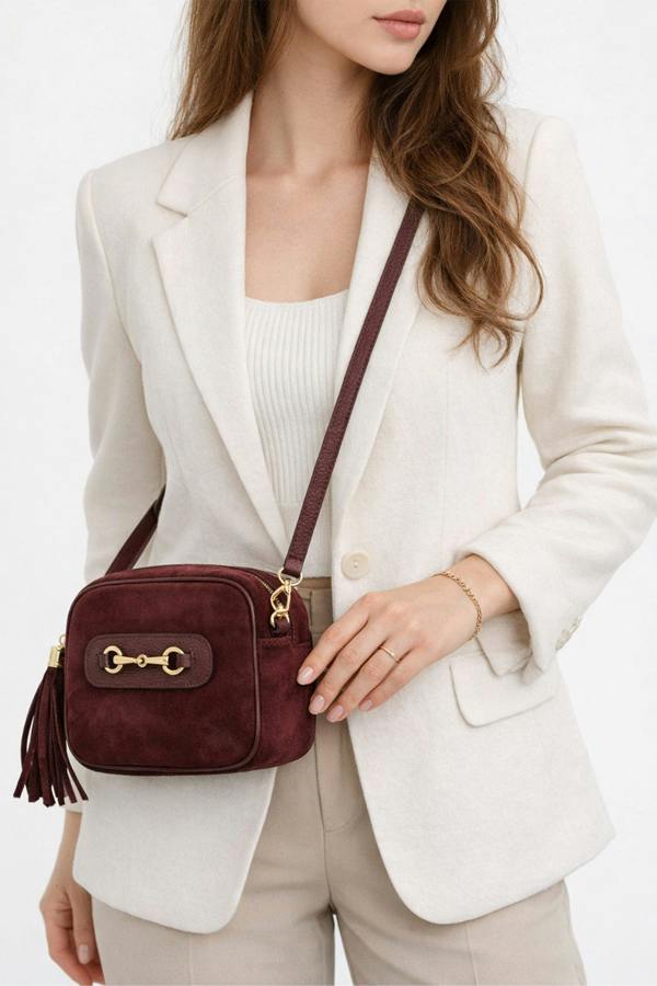 Kitise Italian Genuine Suede Crossbody Bag with Horsebit Detail