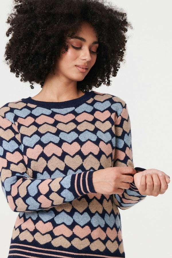 Navy | Heart Print Long Sleeve Jumper
