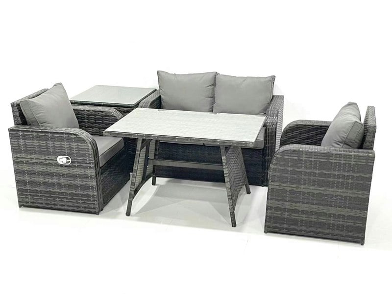 Fimous Outdoor Garden Furniture Set Rattan Sofa Dining Table Set with Reclining Chair Side Table Dark Grey Mixed
