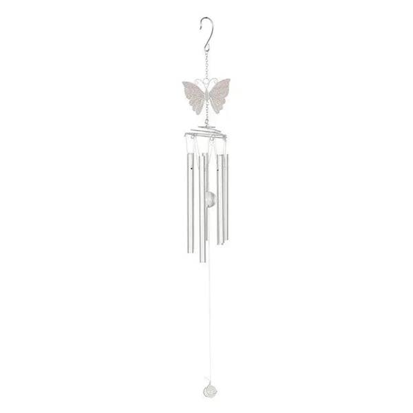 Hanging butterfly wind chime with slim metal tubes on a round frame and chain