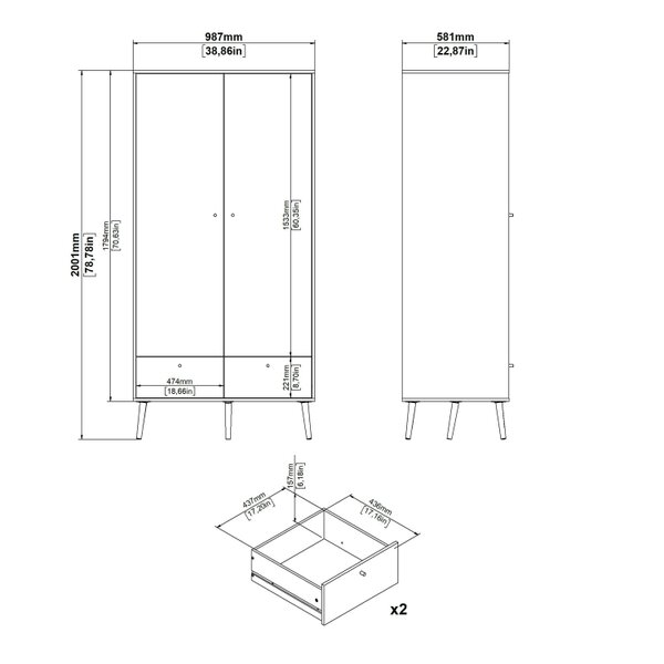Wyld Haus Quietbloom White Wooden Wardrobe 2 Doors 2 Drawers