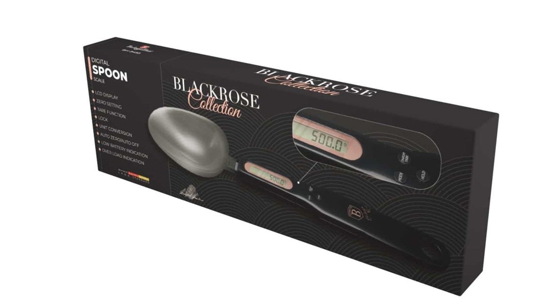 Packaging of the Digital Spoon Scale from the Black Rose Collection, featuring elegant branding and design.