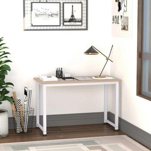 Bobobiy Computer Desk, Writing Table, 120 x 60 x 76cm Workstation for Home Office, Study with Metal Frame, Simple Assembly, White
