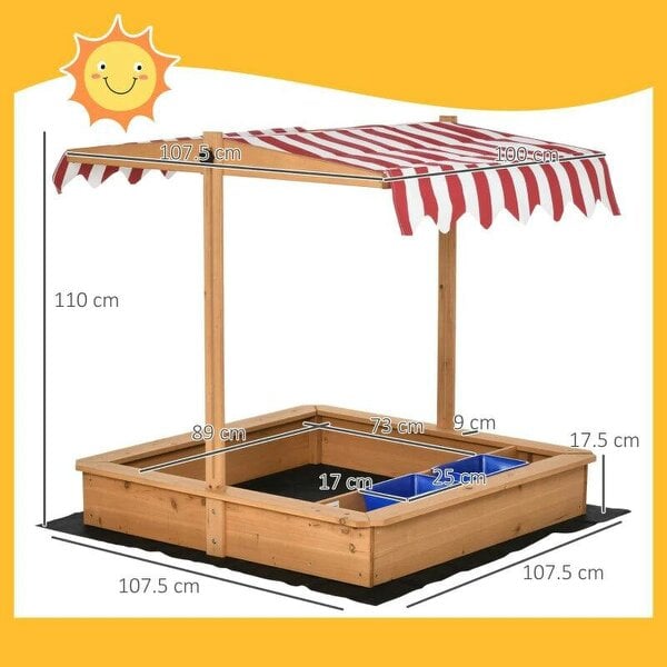 Bobobiy Sand Pit Kids Wooden Sandbox - Children Sandpit Play Station Height Adjustable - Canopy, Bottom Liner, Plastic Basins, Outdoor Aged 3-7 Years