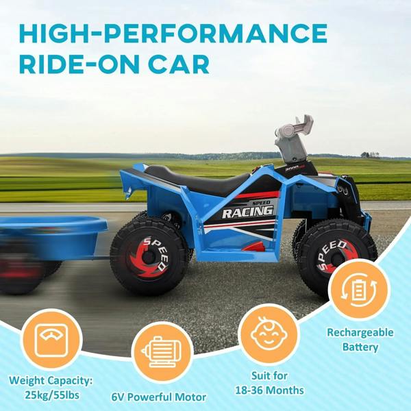 Blue racing-style ride-on quad bike with rear trailer on outdoor road
