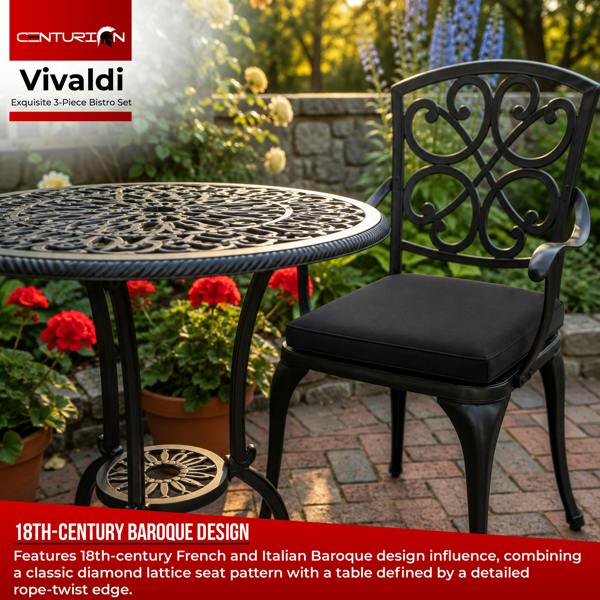 Centurion Supports VIVALDI Black 3-Piece Cast Aluminium Garden Bistro Set - with Black Cushions