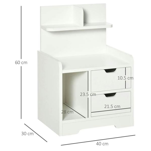 White bedside cabinet with open top shelf, 2 drawers, and lower open compartment