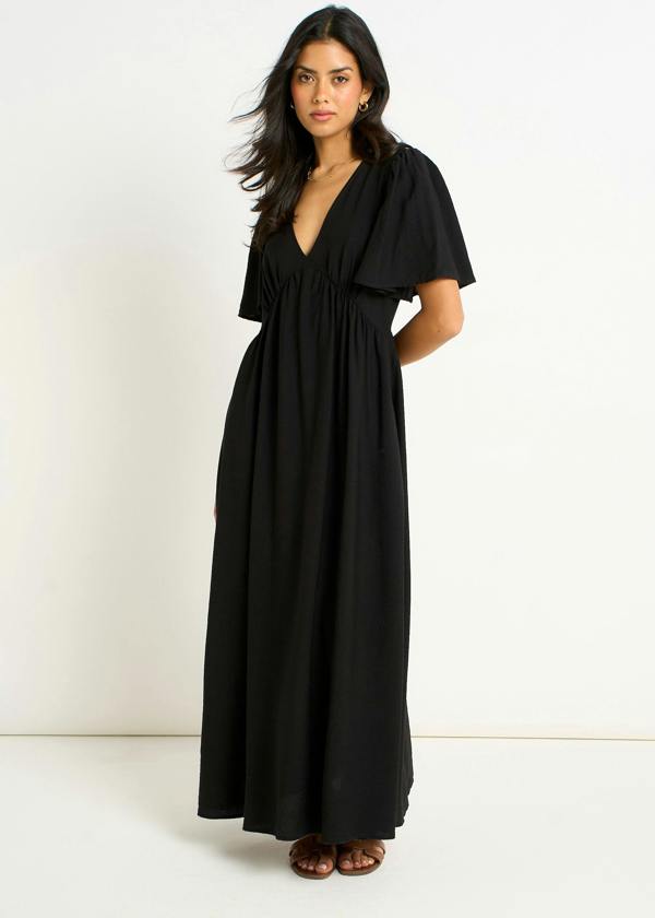 Gini London Black V Neck Angel Sleeves Skater Maxi Dress