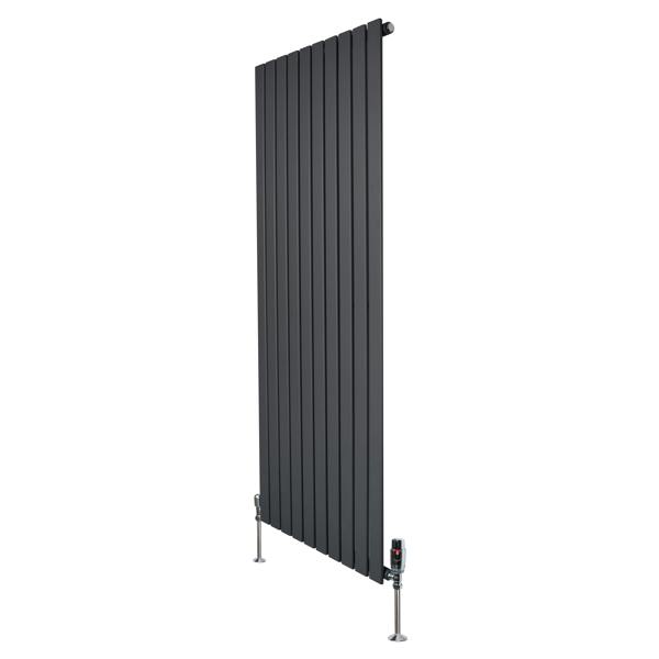 Flat single column radiator in anthracite grey, 1600mm x 700mm, featuring sleek vertical panels and modern valves for efficient heating