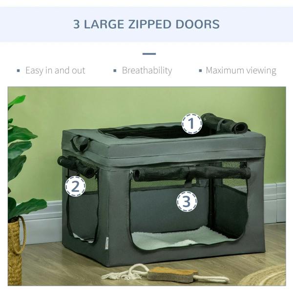 Grey pet carrier with three zippered doors and mesh panels for ventilation