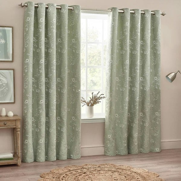 Wylder Nature Sophia Jacquard Floral Eyelet Curtains - Sage