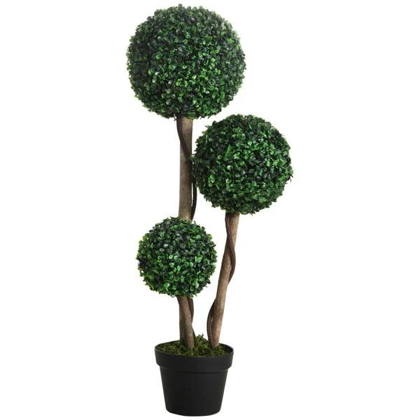 Artificial boxwood ball topiary tree, dark green spheres, in black pot