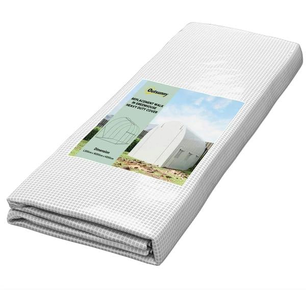 White PE polytunnel greenhouse replacement cover, folded with printed product panel