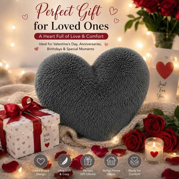 Night Zone Teddy Cuddles Heart Shape Cushion – Soft Teddy Fleece Filled Decorative Cushion - Charcoal