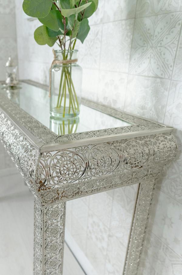 Downton Interiors Silver Embossed Metal Mirrored Glass Console Table - Agadir Range