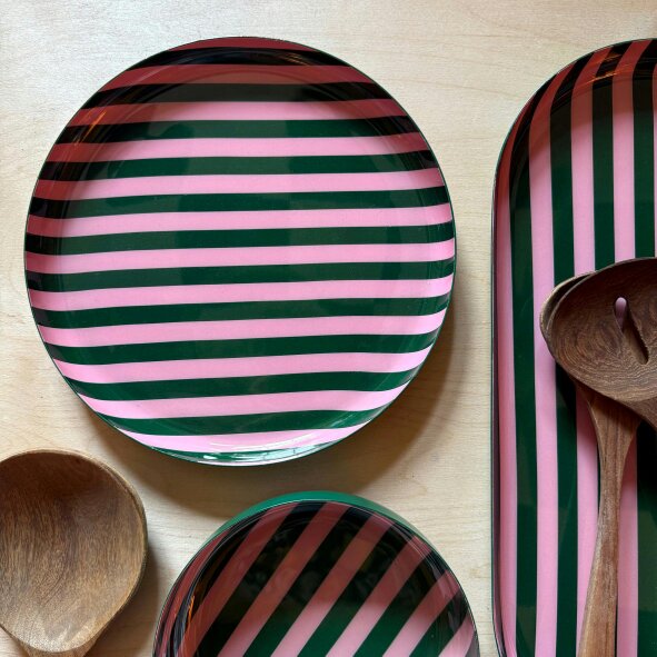 Love Frankie Medium Stripy Plates - 5 Colours Available - Medium Stripy Plate in Rose Pink and Forest Green