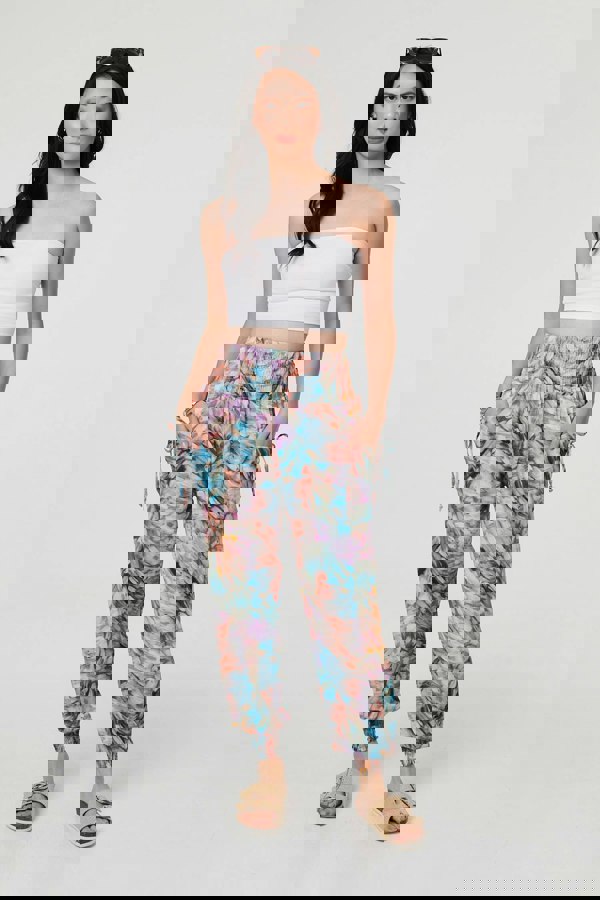 Blue | Printed High Waist Shirred Harem Pants
