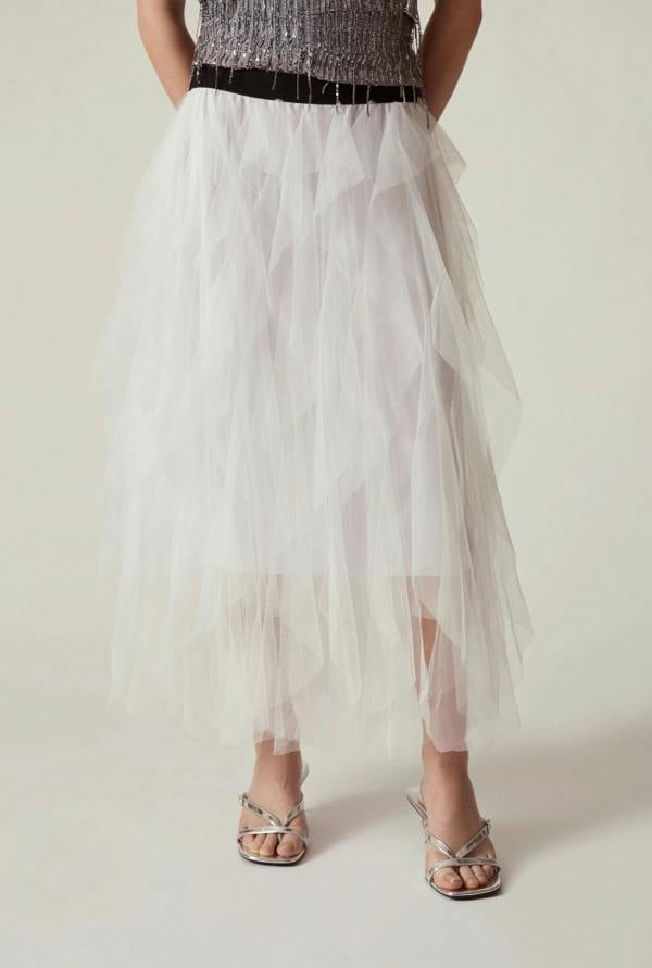 James Lakeland White Tulle Ruffle Midi Skirt