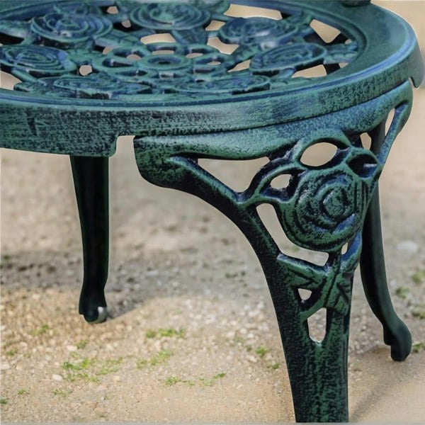 Rafaelo Mobilia Set of 3 Cast Iron Rose Floral Bistro Table And Chair Green
