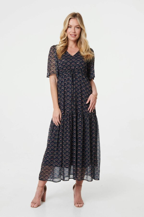 Blue | Printed Sheer Layered Empire Maxi Dress
