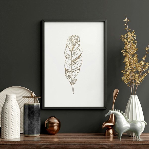 Gold artwork for living room | set of 3 Feathers wall art prints