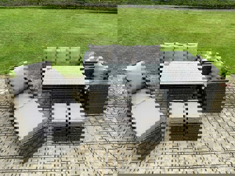 Fimous 8 Pcs Rattan Outdoor Garden Furniture Set Rectangular Dining Table and Chair Sofa Set With Side Table 3 Footstools Dark Grey Mixed