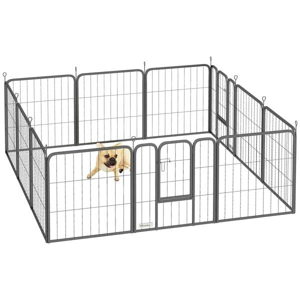Black 12-panel wire dog playpen with front door and side gate, open enclosure