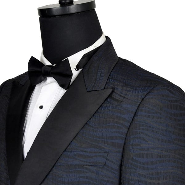 David WeJ Alfredo Cropped Double Breasted Jacquard Wave Print Tuxedo - Navy Blue
