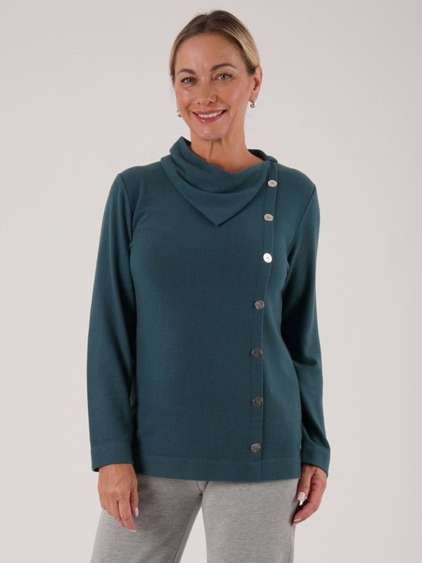 PennyPlain Button Split Cowl Neck Top - Peacock