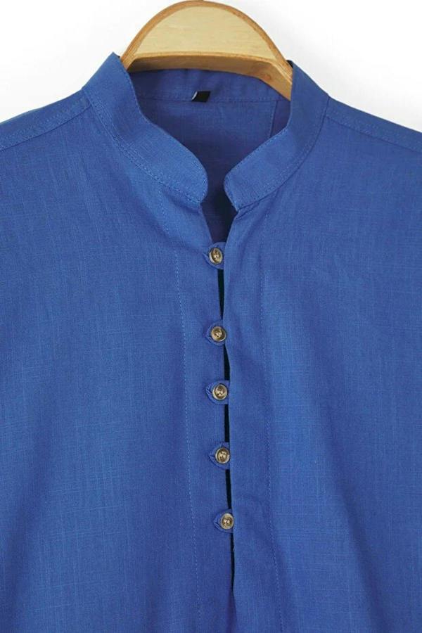 WOVCOR Slim Fit Half Placket Mandarin Collar 100% Cotton Linen Look Men’s Shirt