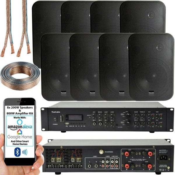 800W Bluetooth Sound System 8x 200W Black Wall Speaker 4 Zone Matrix Amplifier