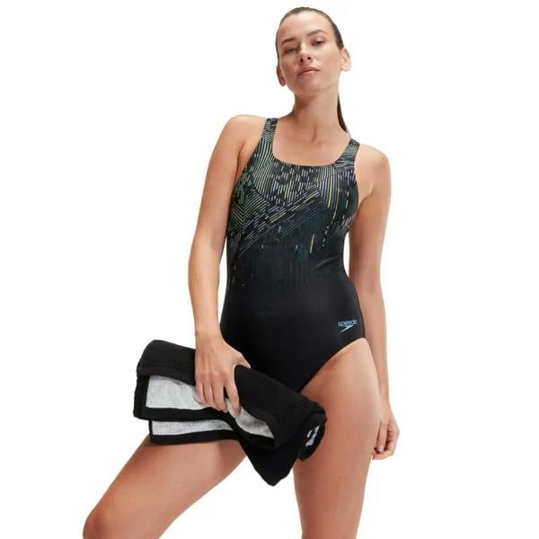 Speedo digital printed Medalist swimsuit in black and green geometric pattern