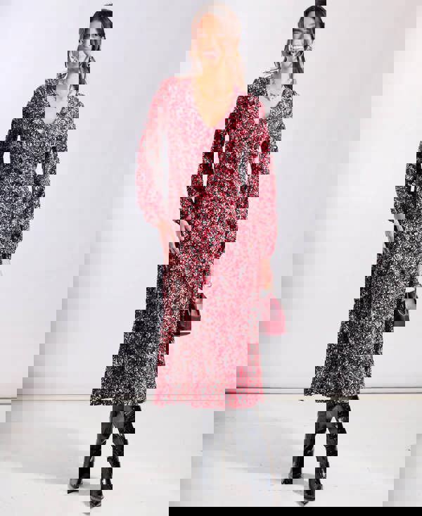 Long Sleeve Red Floral Midi Dress