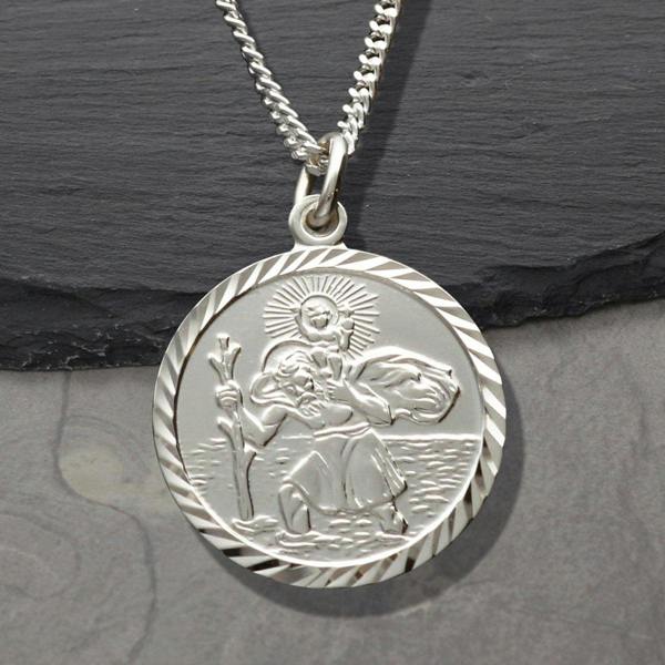 Christopher James of London Sterling Silver Diamond Cut 19mm St Christopher Pendant With Optional Engraving and Chain