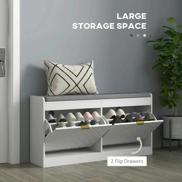 White shoe storage bench with gray cushion and flip drawers holding shoes