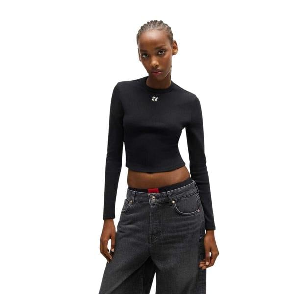 Hugo Womens/Ladies Stacked Logo Slim Long-Sleeved Crop Top - Black - 