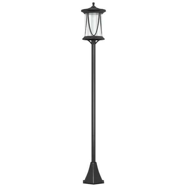 Black solar lamp post light with lantern housing and tall pole, full view