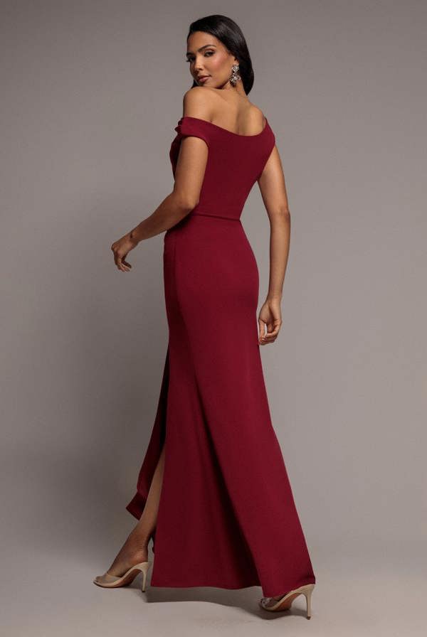 Asymmetric One Shoulder Front Split Scuba Crepe Maxi Dress - Burgundy DR5200